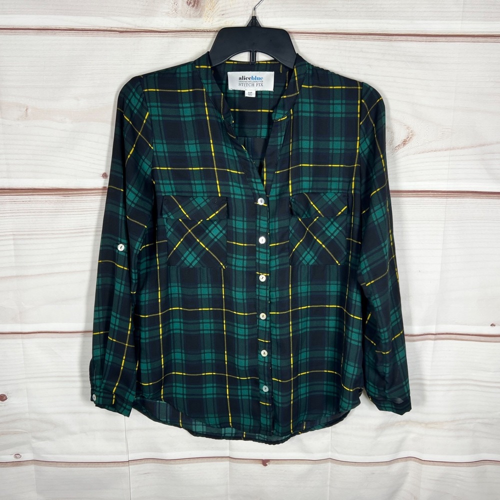 Aliceblue Top Womens PXS Green Tartan Blouse Button Up‎ Shirt Long Sleeve Woven